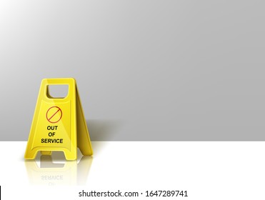 Caution yellow warning sign with out of service inscription stand on white floor front of empty grey wall background, banner for broken lifts or elevators in hall, realistic 3d vector illustration