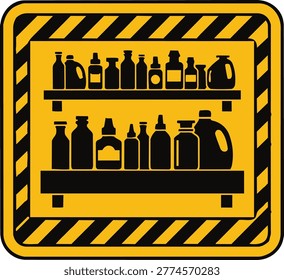 Cautionary sign with hazardous materials on shelves in a warning yellow and black striped frame