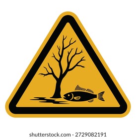 Símbolo de advertencia que representa un árbol muerto y un pez sin vida cerca de un charco de agua contaminada.