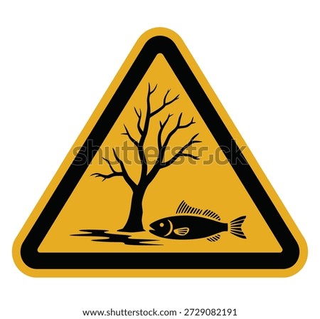 Cautionary warning symbol depicting a dead tree and a lifeless fish near a polluted water puddleenvironmental hazard concept