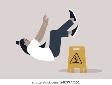 A cautionary yellow wet floor sign placed near a puddle, with a young character slipping and losing balance