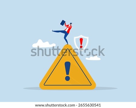 cautious businessman slip falling on exclamation symbol beware, careful caution sign. risk or problem warning