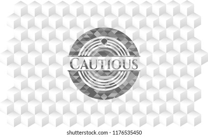 Cautious grey badge with geometric cube white background