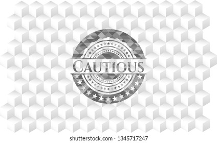 Cautious grey badge with geometric cube white background