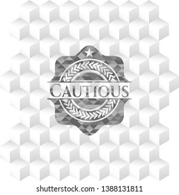Cautious grey emblem with geometric cube white background
