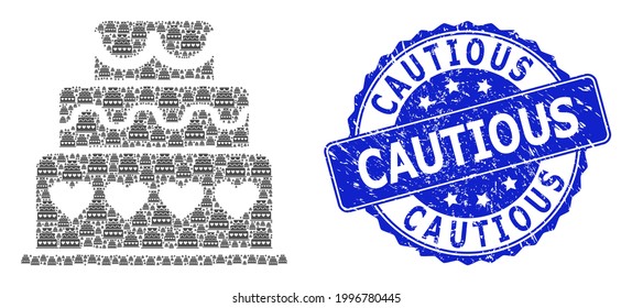 Cautious grunge round seal print and vector recursive composition marriage cake. Blue stamp seal has Cautious title inside circle shape. Vector collage is made from recursive marriage cake icons.