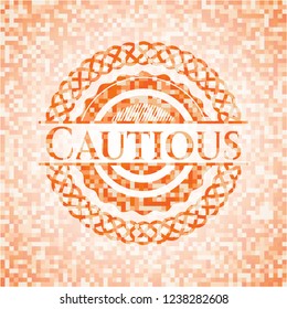 Cautious orange tile background illustration. Square geometric mosaic seamless pattern with emblem inside.