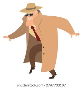 Cautious spy walking in retro clothes. Secret agent