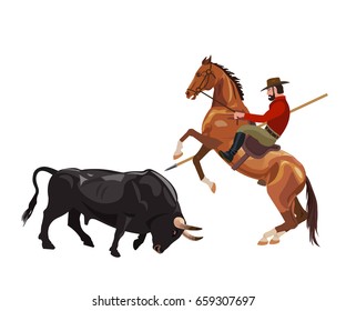 Cavaleiro On The Horse Fight With The Bull. Vector Illustration