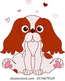 Cavalier king charles  spaniel composition with dog and pink hearts Holiday Vector illustration with mixed-breed dog in one color, graphic line art style, white dog icons, wallpaper
