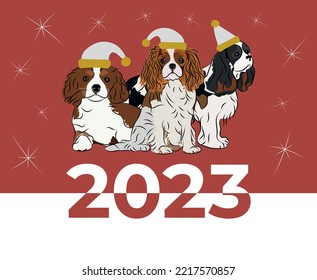 Cavalier King Charles Spaniel dog drawing. Cute dog characters in various poses, designs for prints, adorable and cute Christmas spaniel breed cartoon vector set, in different poses in hats.