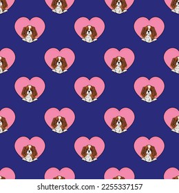 Cavalier king charles spaniel dog with paws pattern, Valentine's day heart wallpaper. Love heart with pet head holiday texture. Dog face Holding Heart Cartoon square background. St Valentine's day.