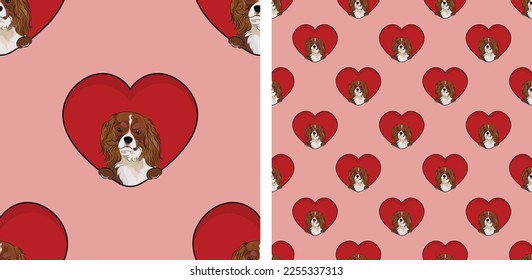 Cavalier king charles spaniel dog with paws pattern, Valentine's day heart wallpaper. Love heart with pet head holiday texture. Dog face Holding Heart Cartoon square background. St Valentine's day.