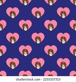Cavalier king charles spaniel dog with paws pattern, Valentine's day heart wallpaper. Love heart with pet head holiday texture. Dog face Holding Heart Cartoon square background. St Valentine's day.