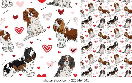 Cavalier king charles spaniel dog Valentine's day heart wallpaper. Love doodles hearts with pets holiday texture. square background, repeatable pattern. St Valentine's day wallpaper, valentine present