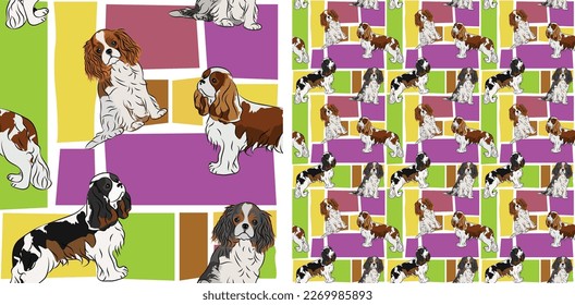 Cavalier King charles spaniel Hund helle Wallpaper. Abstrakte Feiertagsformen, quadratischer, nahtloser Hintergrund, wiederholbares Muster. Geburtstagskarte, Weihnachtsgeschenk, Fliesen. Einfaches Rätsel.