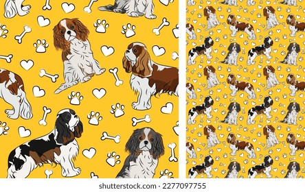 Cavalier king charles spaniel dog on a playful yellow background with bones and paws. Funky, colorful vibe, vibrant palette. Simple, clean, modern texture. Summer seamless pattern with dogs. Birthday 