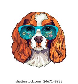 Cavalier King Charles Spaniel Dog. In sunglasses. Isolated on a white background. Vector