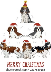 Cavalier King Charles Spaniel dogs wearing winter hats. Cute funny dogs. Character design. Abstract Christmas tree. Vector illustration. Merry Christmas greeting card with the cute funny dogs, holiday