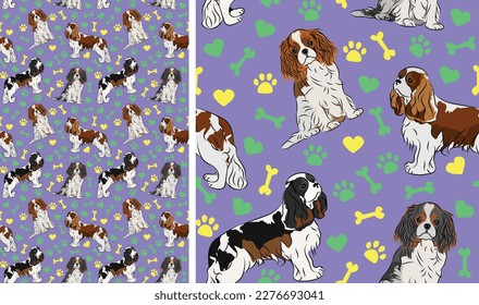 Cavalier king charles spaniel dogs on a playful violet background with bones, hearts, paws. Funky, colorful vibe, vibrant palette. Simple, clean, modern texture. Summer seamless pattern with dogs,card