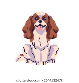 Cavalier King Charles Spaniel front view. Toy dog sits with sticking tongue. Fluffy puppy with happy muzzle. Cute pup, funny pet, domestic animal. Flat isolated vector illustration on white background