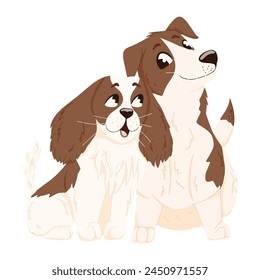 Kavalierskönig Charles Spaniel und Jack Rassell Terier. Cartoon umarmt Hunde. Vektorgrafik-Zeichendesign. Grafikdruck für Kinderzimmer, Aufkleber, Kleidung, Web. Handgezeichneter Stil.