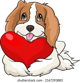 Cavalier King Charles Spaniel Lying With A Red Heart Pillow, Valentines Day Love, Drawing Vector Illustration Dog