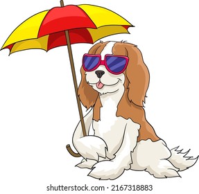 Cavalier King Charles Spaniel On The Beach With Umbrella And Sun Glasses  Summer Holiday, Drawing Vector Illustration Dog