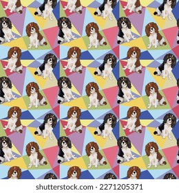 Cavalier king charles spaniel on a mosaic geometric background. Funky, colorful vibe, rainbow colors palette. Simple, clean, modern texture. Geometric, polygon style. Summer seamless pattern with dogs