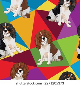 Der Kavalier-König spaniel auf mosaikem geometrischem Hintergrund. Funky, bunter Look, Regenbogenfarbpalette. Einfache, saubere, moderne Textur. Geometrischer, polygonischer Stil. Sommernahtloses Muster mit Hunden