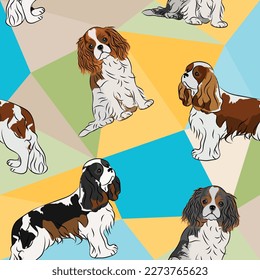 Cavalier king charles spaniel on a mosaic geometric background. Funky, colorful vibe, rainbow colors palette. Simple, clean, modern texture. Geometric, polygon style. Summer seamless pattern with dogs