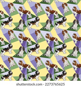 Cavalier king charles spaniel on a mosaic geometric background. Funky, colorful vibe, rainbow colors palette. Simple, clean, modern texture. Geometric, polygon style. Summer seamless pattern with dogs