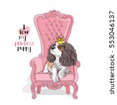 Cavalier King Charles Spaniel Puppy with a princess crown on a pink armchair. Vector illustration.