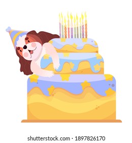 Cavalier king charles spaniel. Puppy greeting card, poster for children in cartoon style. Birthday poster. Dog with cake. Vector illustration