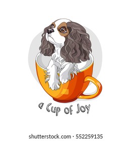 Cavalier King Charles Spaniel Puppy in a orange cup. Vector illustration.