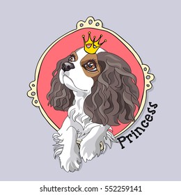 Cavalier King Charles Spaniel Puppy with a princess crown in a pink frame. Vector illustration.