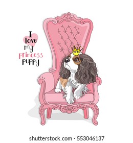 Cavalier King Charles Spaniel Filhote de cachorro com uma coroa de princesa em uma poltrona rosa. Ilustração vetorial.