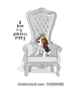 Cavalier King Charles Spaniel Puppy with a princess crown on a throne armchair. Vector illustration.