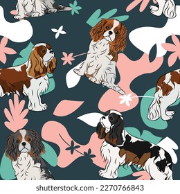 Cavalier king charles spanieldog wallpaper with leaves, palms, flowers, plants. Pastel green, pink, navy. Holiday abstract natural shapes. Seamless floral background with dogs, repeatable pattern.