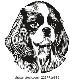 Cavalier King Charles Spaniels logotipo de perro línea dibujada a mano vectores dibujo ilustración de mascotas en blanco y negro
