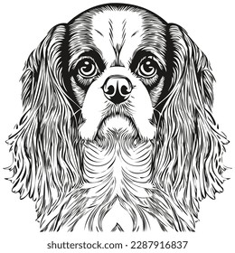 Cavalier King Charles Spaniels perro línea dibujada a mano vectores dibujo logo blanco y negro ilustración de mascotas
