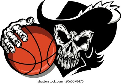 Cavalier, Musketeer Basketball Skull Mascot Holding Ball For School, College Or League