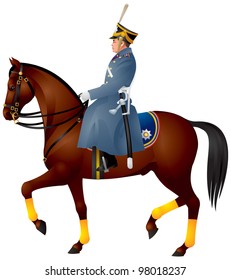 Cavalier on a horse, Russian dragoon in Presidential Regiment Cavalry Escort Squadron uniform, Moscow Kremlin guard of honor