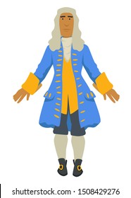 Cavalier, Rococo style, man in wig and stockings, jacket and vest vector. Ancient fashion, nobleman or lord in vintage outfit. Clothes with gold decor elements and leather boots, royal reception look