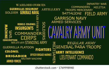 Palabra de unidad del ejército de caballería mostrada en sombra de color azul amarillo con texto relacionado en abstracto vector de fondo oscuro para fines de información.  