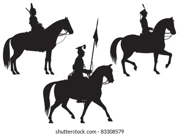 Cavalry Horse riders vector silhouettes part 2, Dragoon, Uhlan and Member of the Royal Horse Guards, Russian, Polish and Great Britain Cavalry trooper
