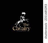 cavalry logo, with man, flag and horse vector design inspiration