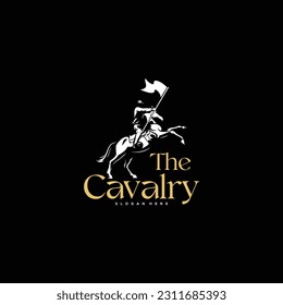 cavalry logo, with man, flag and horse vector design inspiration