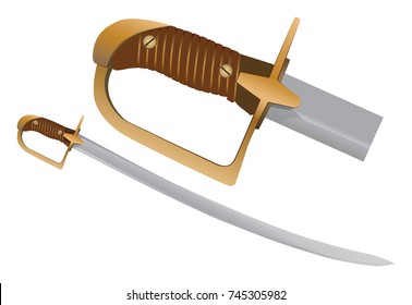 Cavalry Saber Sword From Last Century. Enlargement Of Weapon Handle. Vector Illustration On White Background.