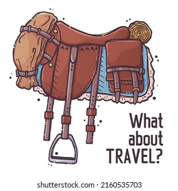 Cavalry saddle. Riding saddle. Equestrian ammunition. Isolated object for backgrounds, textile, postcards, t-shirt prints. Element for horses. Vector hand drawn style illustration.